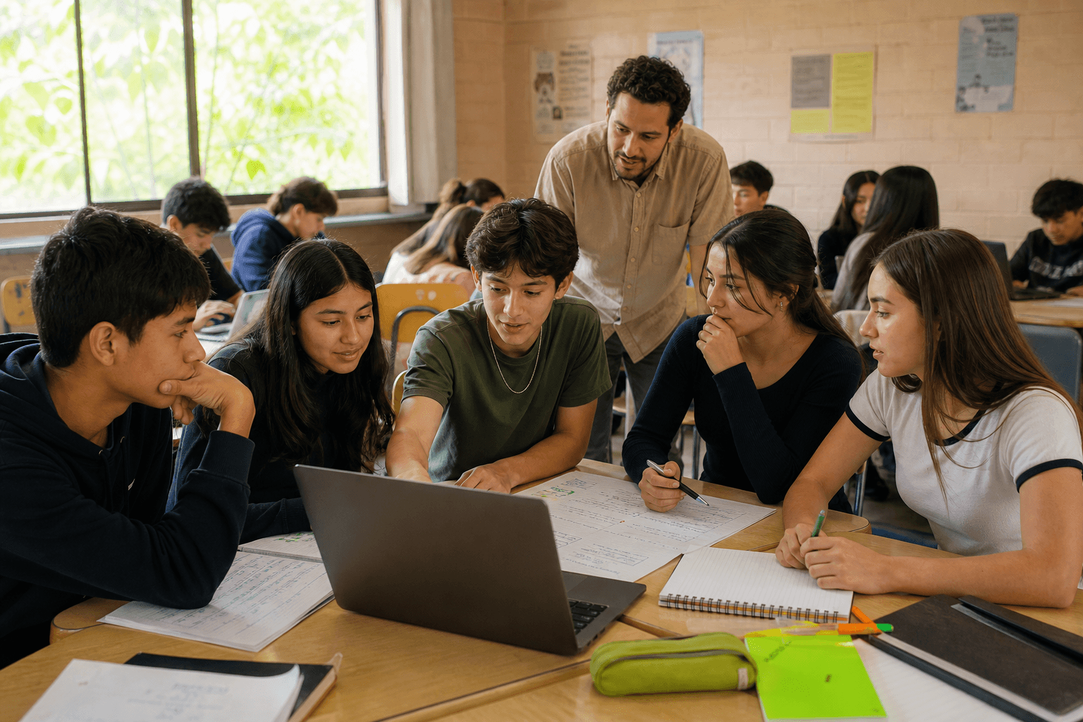 Estudiantes revisando juntos la evidencia de un proyecto